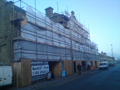 Scaffolding to the exterior of Fleetwood Market during the renovation of external stonework
