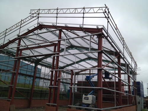 Access scaffolding, edge protection and netting for a new industrial unit near Garstang, Lancashire